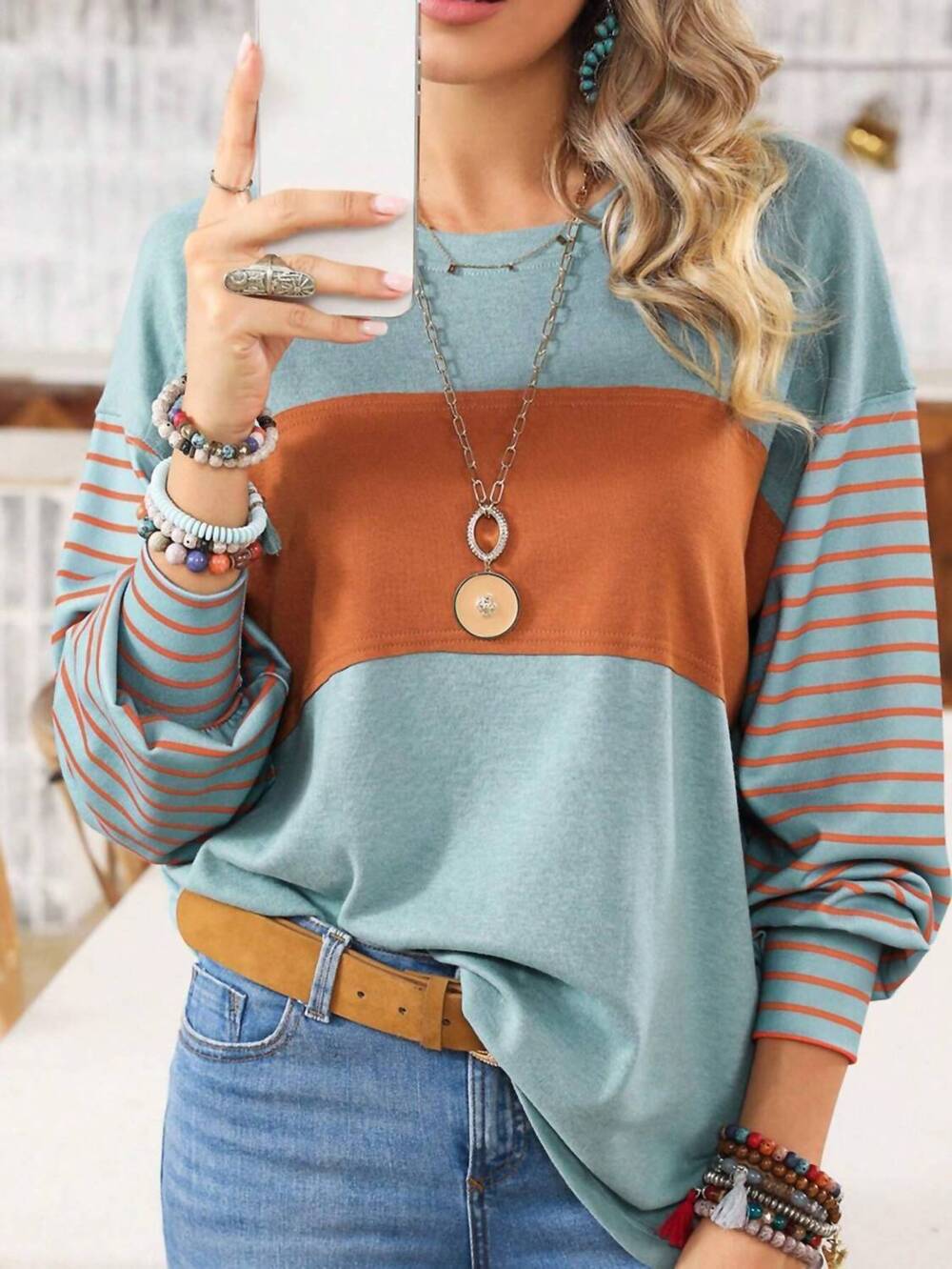 NEW WHOLESALESIR round neck casual striped contrast long sleeved t-shirt in gree